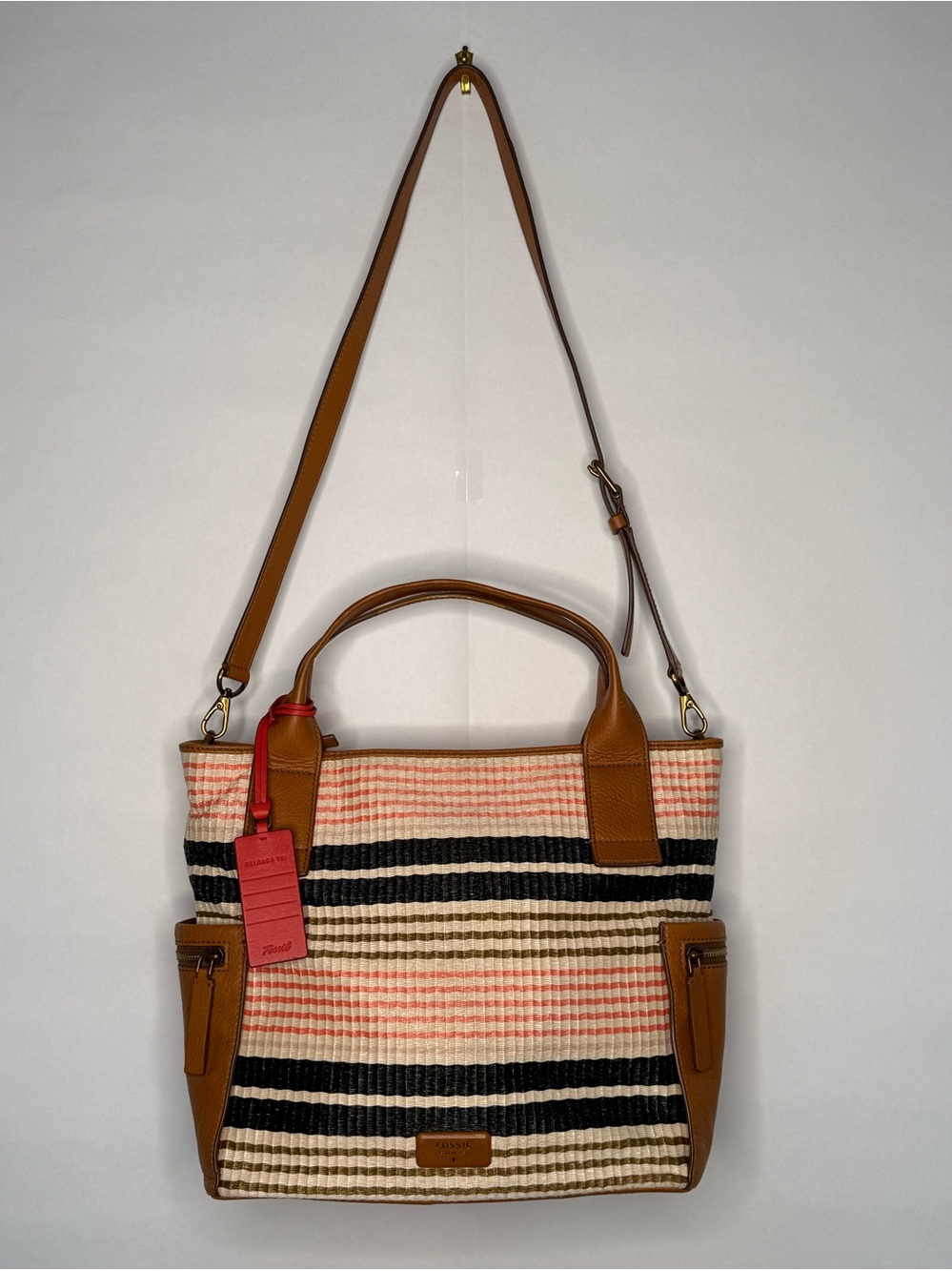 Fossil Straw & Leather Tote in Pink, Black, Tan